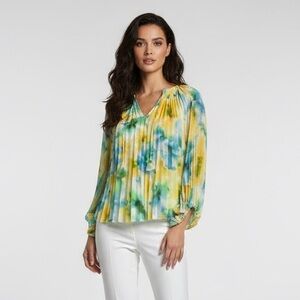 Misa Los Angeles Rina Citron WaterColor V-Neck Long Sleeve Tassel Pleated Top S